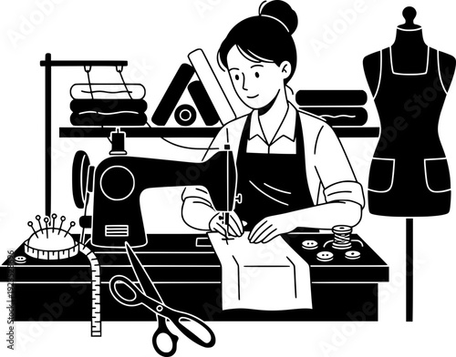 Seamstress working with a sewing machine in her workshop. Black and white vector illustration of a professional tailor or hobbyist dressmaker at her desk with sewing tools.