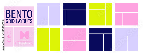 Trendy bento grid collage templates with soft corners. Geometric panel layouts for mood boards, galleries and social media banners.