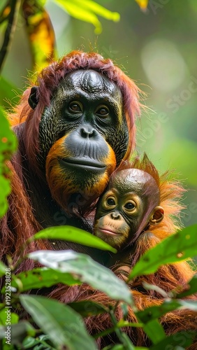 A mother orangutan and her baby in a lush forest