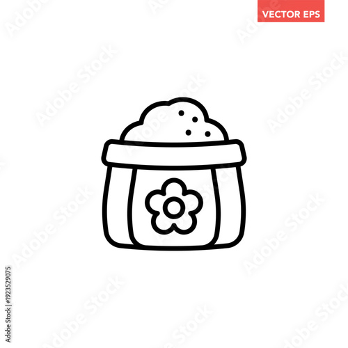 Black single flower fertilizer line icon. Simple fertilizer in sack with flower plant growth profit flat design vector pictogram, infographic interface elements for app logo web button ui ux isolated 