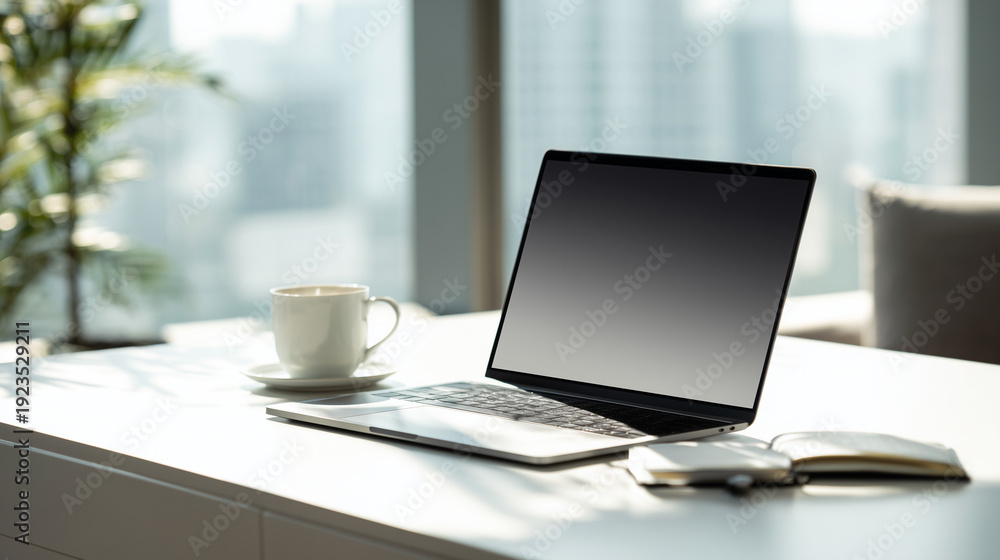 Fototapeta premium Modern Minimalist Workspace with Laptop and Coffee at Home