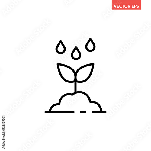 Black single watering plants line icon, simple mseedling for garden flat design vector pictogram, infographic interface elements for app logo web button ui ux isolated on white background