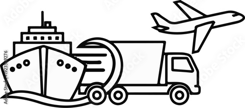 A ship, truck, and airplane represent different modes of transport