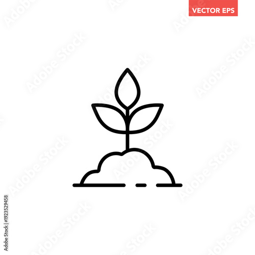 Black single sprout line icon, simple eco seedling emerges from fertile ground flat design vector pictogram, infographic interface elements for app logo web button ui ux isolated on white background