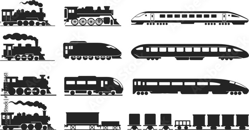 Train silhouettes collection, steam locomotive and modern high speed passenger railway vector illustration isolated on white background