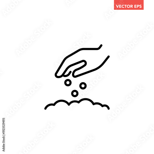 Black single Hand planting seeds line icon. Simple agriculture garden flat design vector pictogram, infographic interface elements for app logo web button ui ux isolated on white background