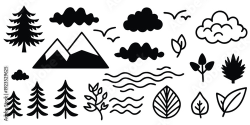 Black Nature Icons Set with Mountains and Leaves
