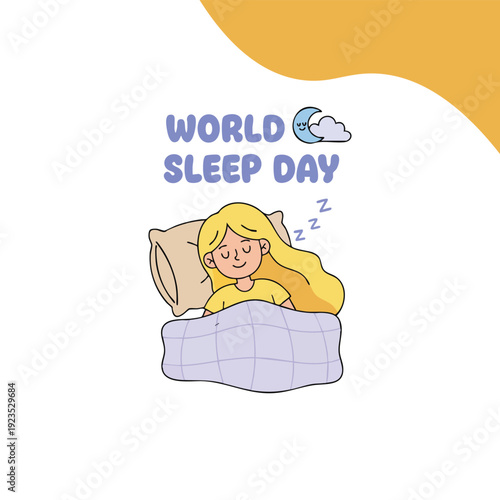 World Sleep Day illustration with person resting under blanket crescent moon and cloud design promoting healthy sleep awareness