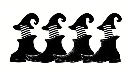Black and White Row of Whimsical Witch Boots with Striped Socks Isolated on White Background