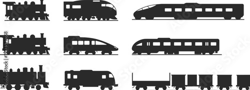 Train silhouettes set with steam locomotive, modern passenger and freight railway cars isolated on white background vector illustration
