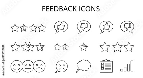 A collection of feedback icons depicting various rating systems and emotional expressions
