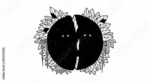 A stylized, black, split circle with white eyes, adorned with leaves