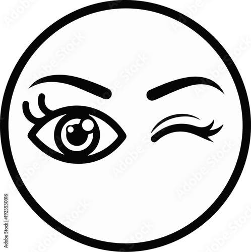 A black and white line drawing of a face with one eye open and one winking