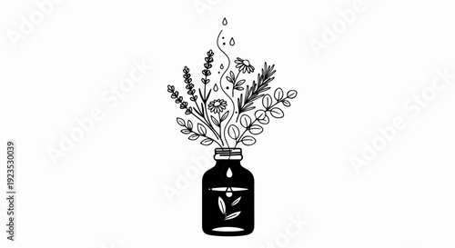 A stylized bottle with herbs, flowers, and falling drops