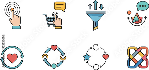 colorful icons of hand with finger on button, heart with circular arrows