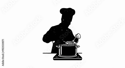 A chef in a toque stirs pasta in a pot on a stovetop