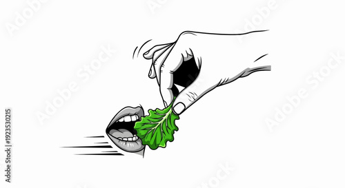 A hand offers a green leaf to an open mouth in a stylized illustration