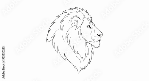 A black and white line drawing of a lion's head in profile
