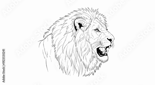 A black and white line drawing of a lion's head in profile, roaring