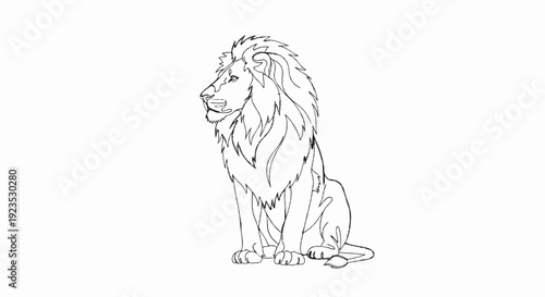 A black and white line drawing of a majestic lion sitting regally
