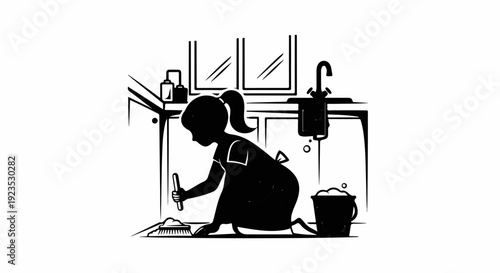 A child in silhouette cleans the floor with a brush and dustpan