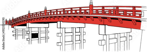 A stylized drawing of a bright red, arched bridge with white railings
