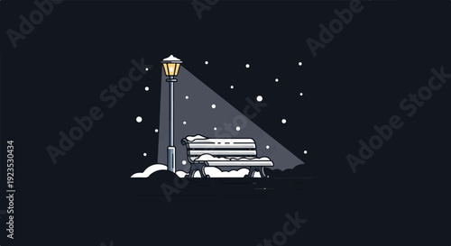 A solitary, snow-covered park bench sits beneath a glowing streetlamp at night