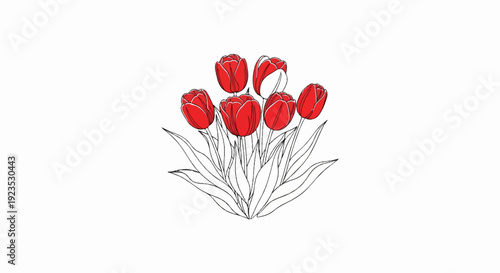 A hand-drawn cluster of six red tulips with green leaves on a white background