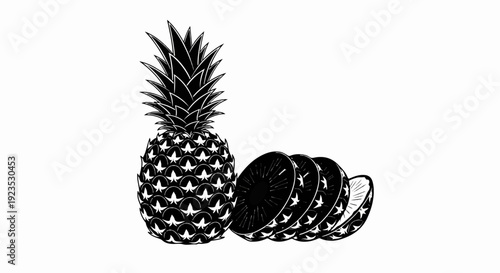 A whole pineapple stands beside several sliced rings of the fruit on a white background