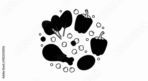 A circular arrangement of raw food items including a chicken leg, bell peppers, spinach, and eggs