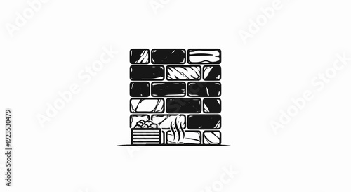 A hand-drawn image of a brick oven with a basket of goods and smoke