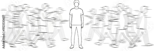 A single figure stands still surrounded by blurred, moving figures