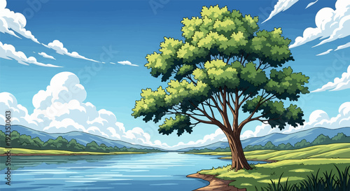 A solitary tree stands on the shore of a tranquil lake under a bright blue sky