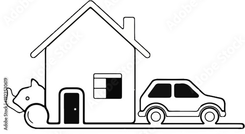 A stylized house and car icon with a snail shape on the left