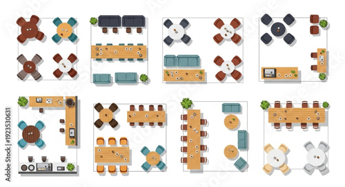 Overhead view of various table arrangements in a room setting for meetings.