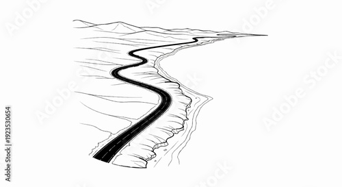 A winding road hugs the coastline with distant mountains under a clear sky