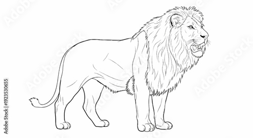 A detailed line drawing of a majestic lion with a full mane and open mouth