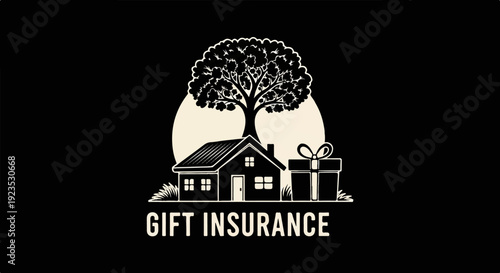 A stylized illustration depicts a home, a tree, and a gift with text below
