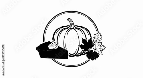 A circular emblem features a pumpkin, slice of pie, and autumn leaves