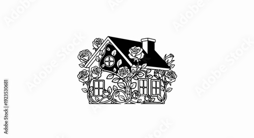 A stylized house with blooming roses climbing its walls and roof