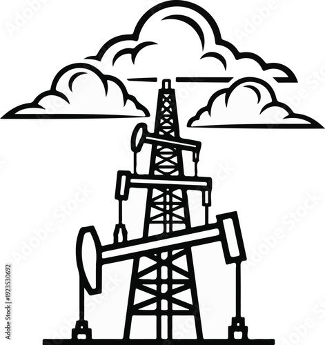 A stylized illustration depicts oil rigs beneath stylized clouds in a simple graphic