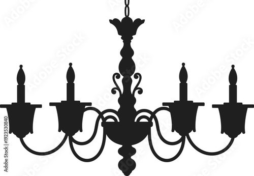 Vintage chandelier silhouette, classic hanging ceiling light fixture isolated on white background, elegant interior decor vector illustration