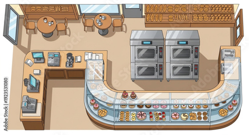 Overhead view of a bakery showcasing ovens, display, and seating arrangements.