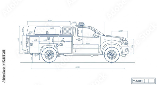 Technical Drawing of Pickup Truck.