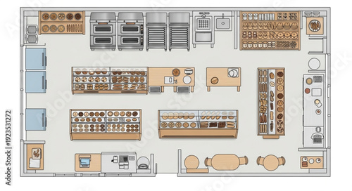 Detailed top-down view of a commercial kitchen layout with various equipment.