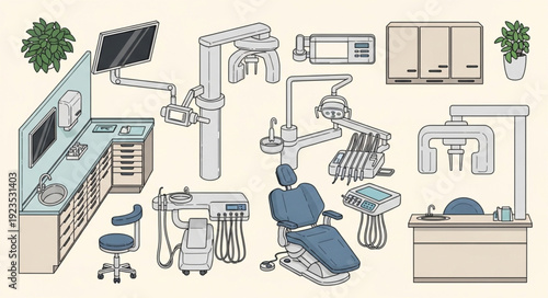 Dental clinic equipment illustration showcasing various tools and instruments for oral healthcare.