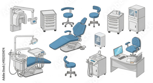 Dental clinic equipment and tools for professional teeth treatment and care.
