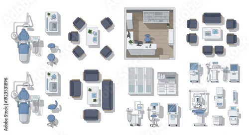 Collection of various bathroom fixtures and accessories, top view, design elements.