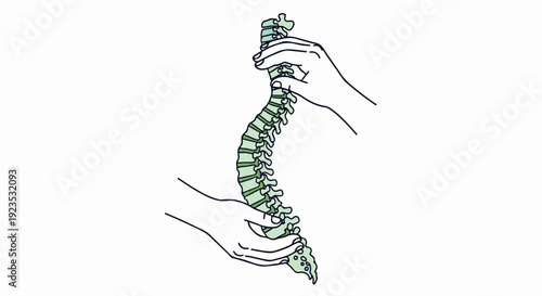A stylized illustration of a human spine being examined by two hands