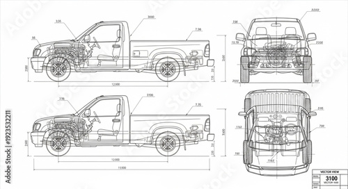 Technical Drawing of Pickup Truck.
